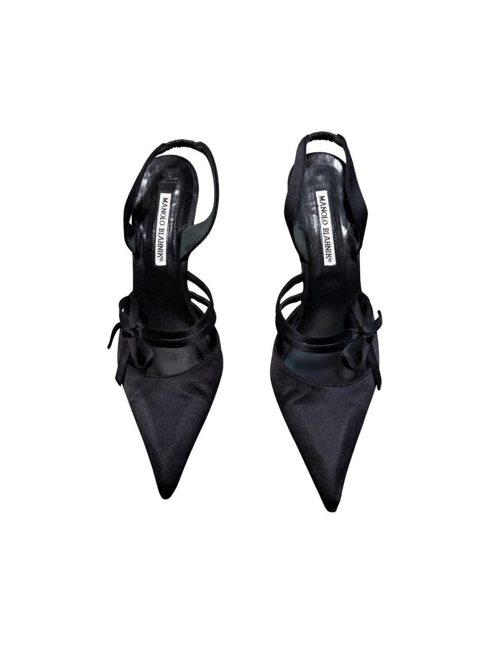 Manolo Blahnik Black Satin Pointed Toe Slingback Pumps with Bow